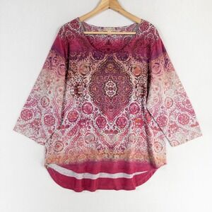 Energe Top Size 2X Pink Gray Geometric Stretch Knit Studded 3/4 Sleeve Casual